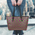 Pink And Green Houndstooth Pattern Print Leather Tote Bag