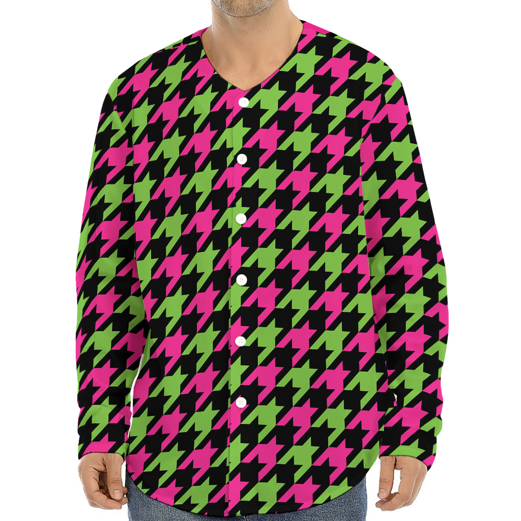 Pink And Green Houndstooth Pattern Print Long Sleeve Baseball Jersey