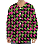 Pink And Green Houndstooth Pattern Print Long Sleeve Baseball Jersey