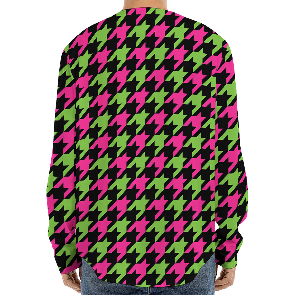 Pink And Green Houndstooth Pattern Print Long Sleeve Baseball Jersey