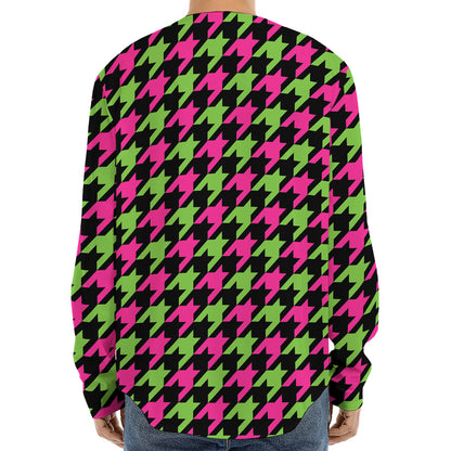 Pink And Green Houndstooth Pattern Print Long Sleeve Baseball Jersey