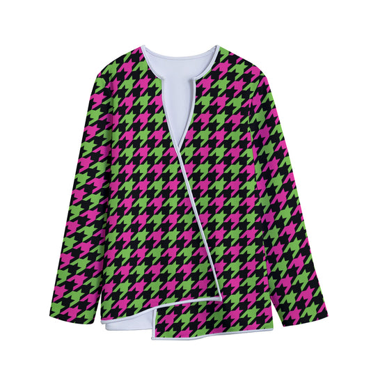 Pink And Green Houndstooth Pattern Print Long Sleeve Short Coat