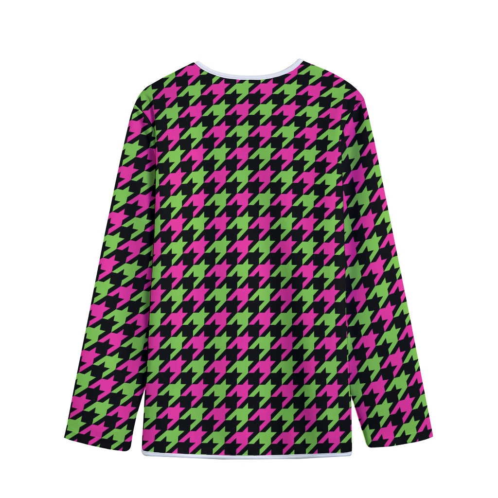 Pink And Green Houndstooth Pattern Print Long Sleeve Short Coat