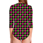 Pink And Green Houndstooth Pattern Print Long Sleeve Swimsuit