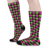 Pink And Green Houndstooth Pattern Print Long Socks