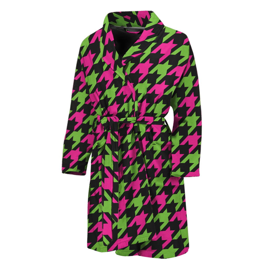 Pink And Green Houndstooth Pattern Print Men's Bathrobe