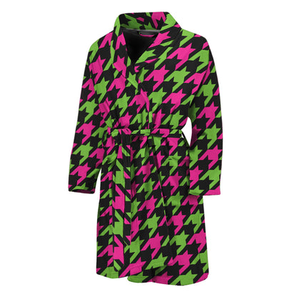 Pink And Green Houndstooth Pattern Print Men's Bathrobe