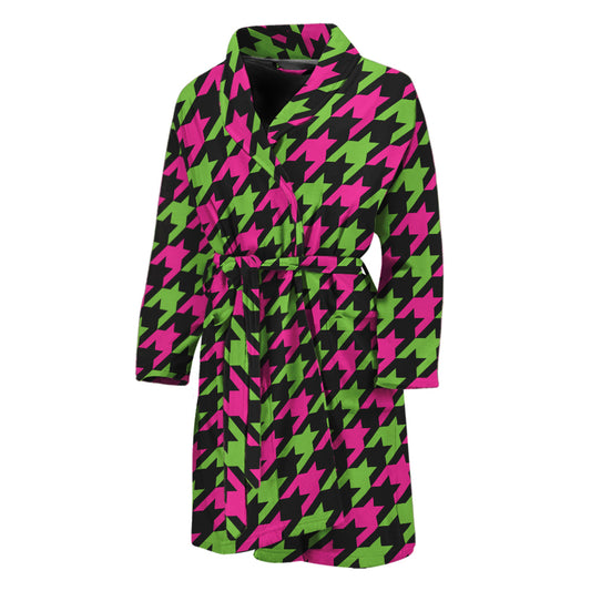 Pink And Green Houndstooth Pattern Print Men's Bathrobe