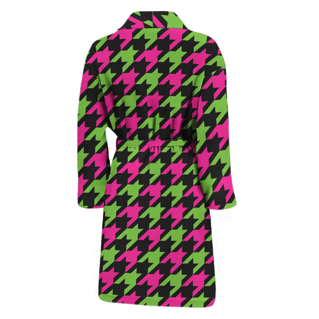 Pink And Green Houndstooth Pattern Print Men's Bathrobe