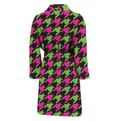 Pink And Green Houndstooth Pattern Print Men's Bathrobe