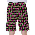 Pink And Green Houndstooth Pattern Print Men's Beach Shorts