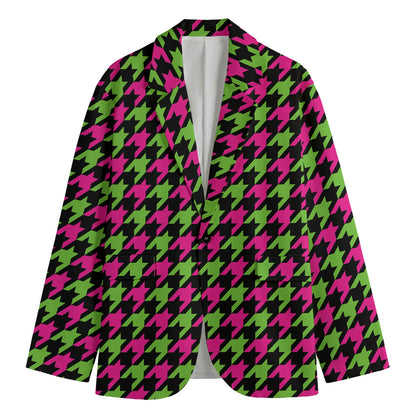 Pink And Green Houndstooth Pattern Print Men's Blazer