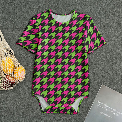 Pink And Green Houndstooth Pattern Print Men's Bodysuit