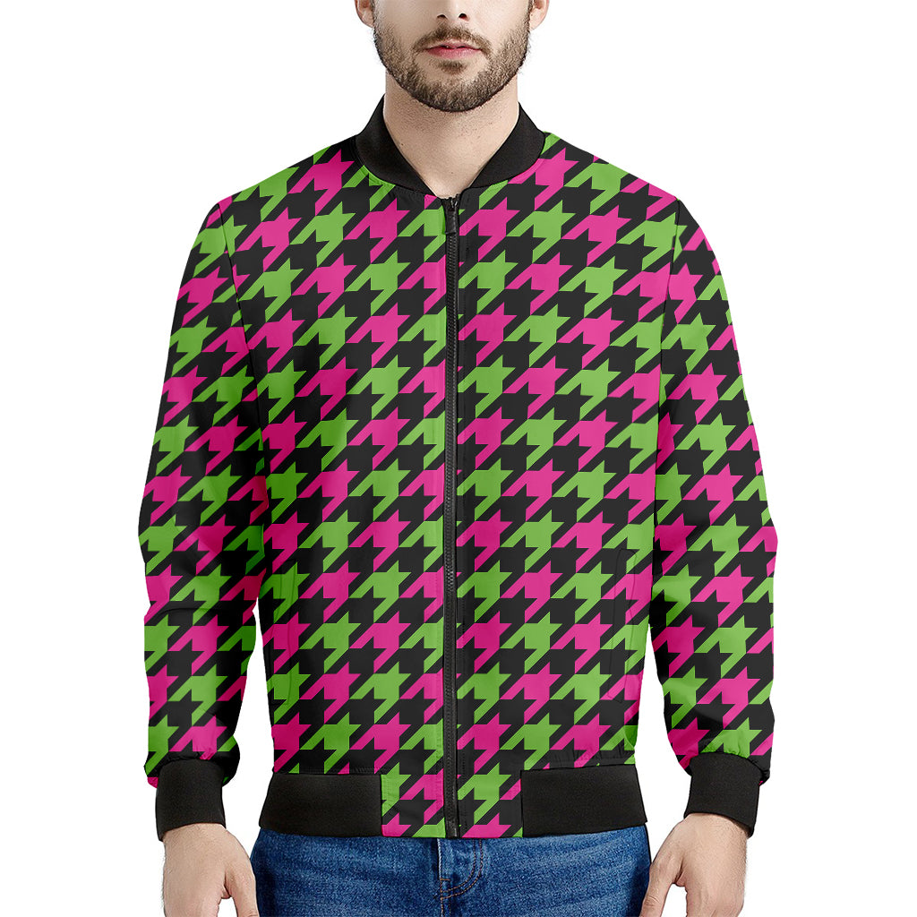 Pink And Green Houndstooth Pattern Print Men's Bomber Jacket