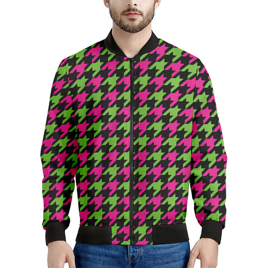 Pink And Green Houndstooth Pattern Print Men's Bomber Jacket