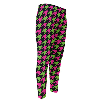 Pink And Green Houndstooth Pattern Print Men's Compression Pants