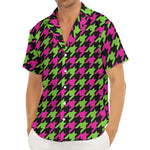 Pink And Green Houndstooth Pattern Print Men's Deep V-Neck Shirt