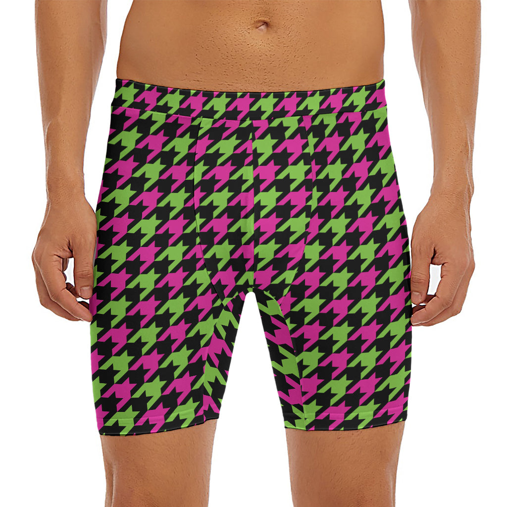 Pink And Green Houndstooth Pattern Print Men's Long Boxer Briefs
