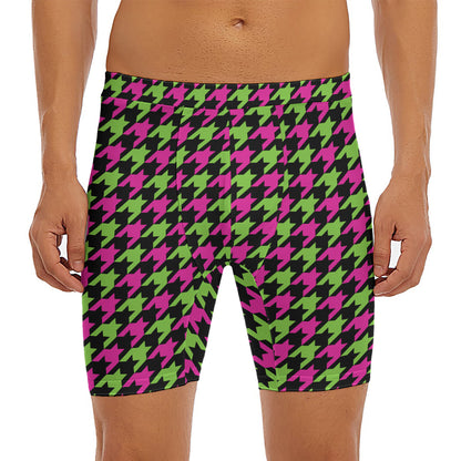 Pink And Green Houndstooth Pattern Print Men's Long Boxer Briefs