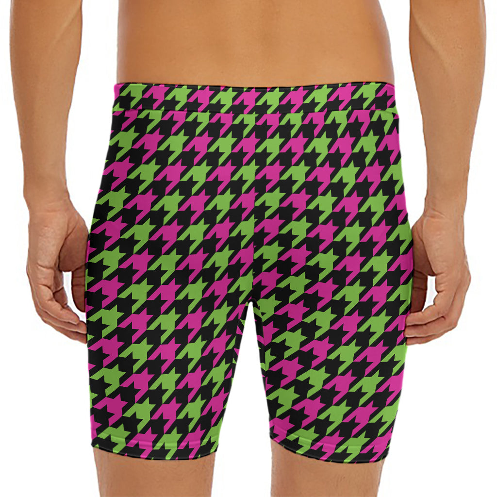 Pink And Green Houndstooth Pattern Print Men's Long Boxer Briefs