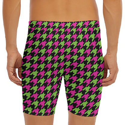 Pink And Green Houndstooth Pattern Print Men's Long Boxer Briefs