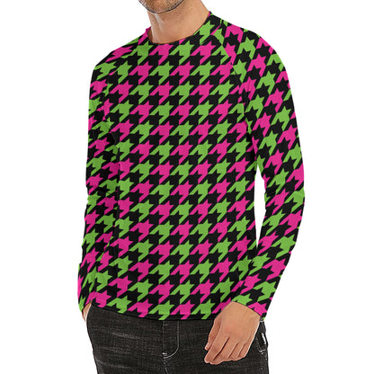 Pink And Green Houndstooth Pattern Print Men's Long Sleeve Rash Guard