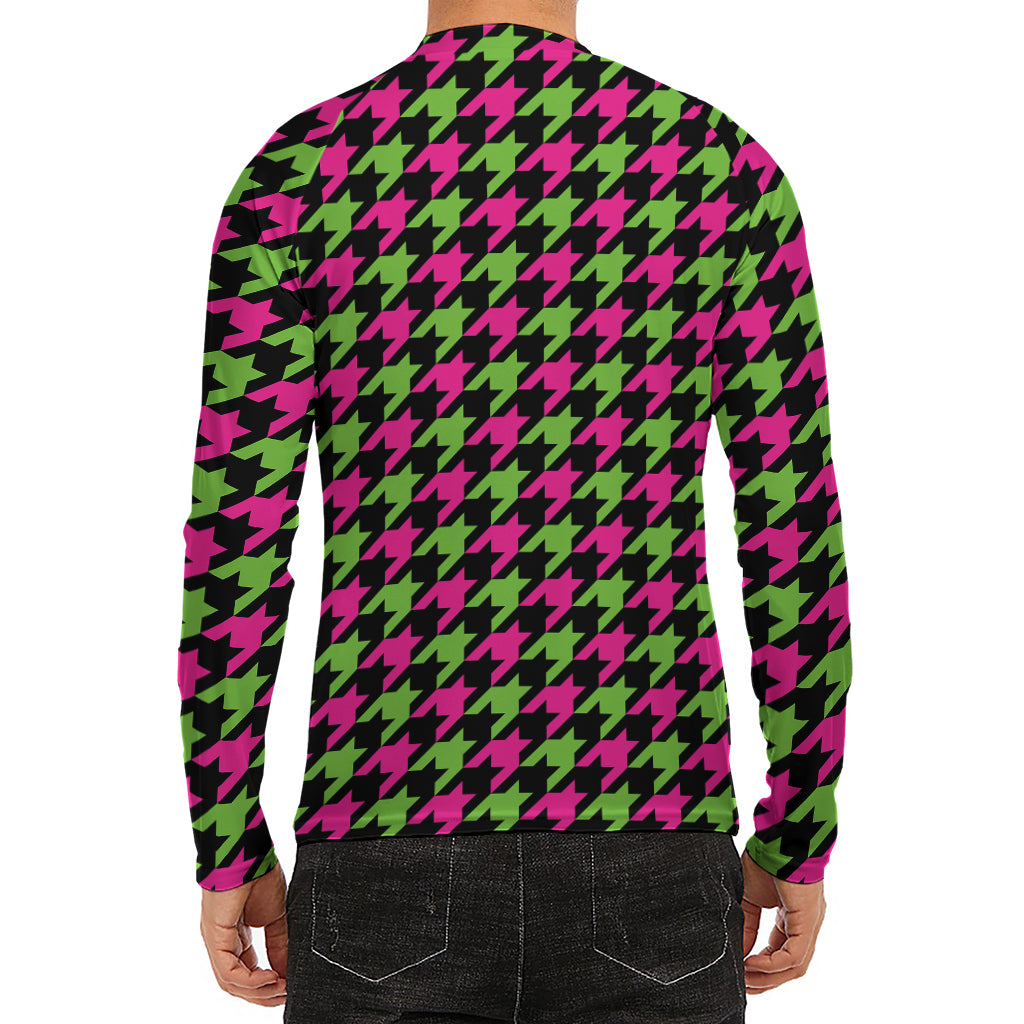 Pink And Green Houndstooth Pattern Print Men's Long Sleeve Rash Guard