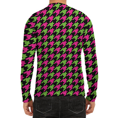 Pink And Green Houndstooth Pattern Print Men's Long Sleeve Rash Guard