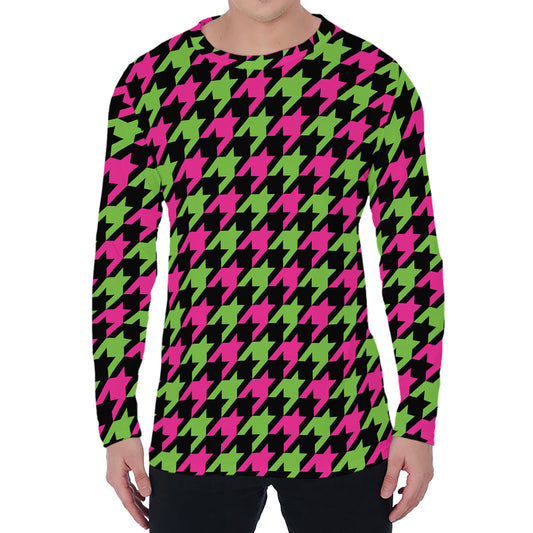 Pink And Green Houndstooth Pattern Print Men's Long Sleeve T-Shirt