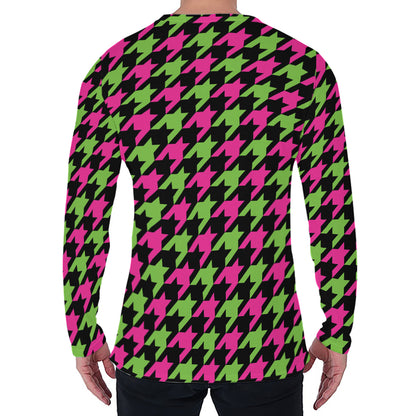 Pink And Green Houndstooth Pattern Print Men's Long Sleeve T-Shirt