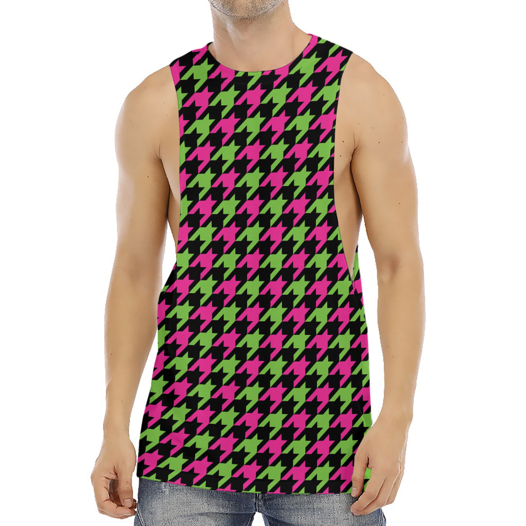 Pink And Green Houndstooth Pattern Print Men's Muscle Tank Top