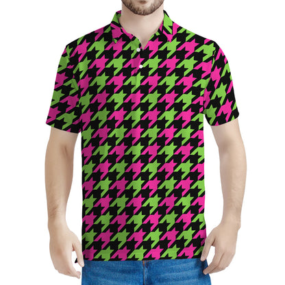 Pink And Green Houndstooth Pattern Print Men's Polo Shirt