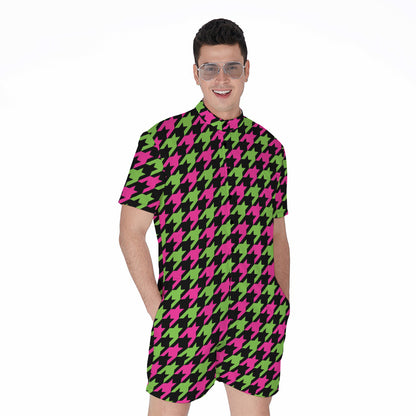 Pink And Green Houndstooth Pattern Print Men's Rompers
