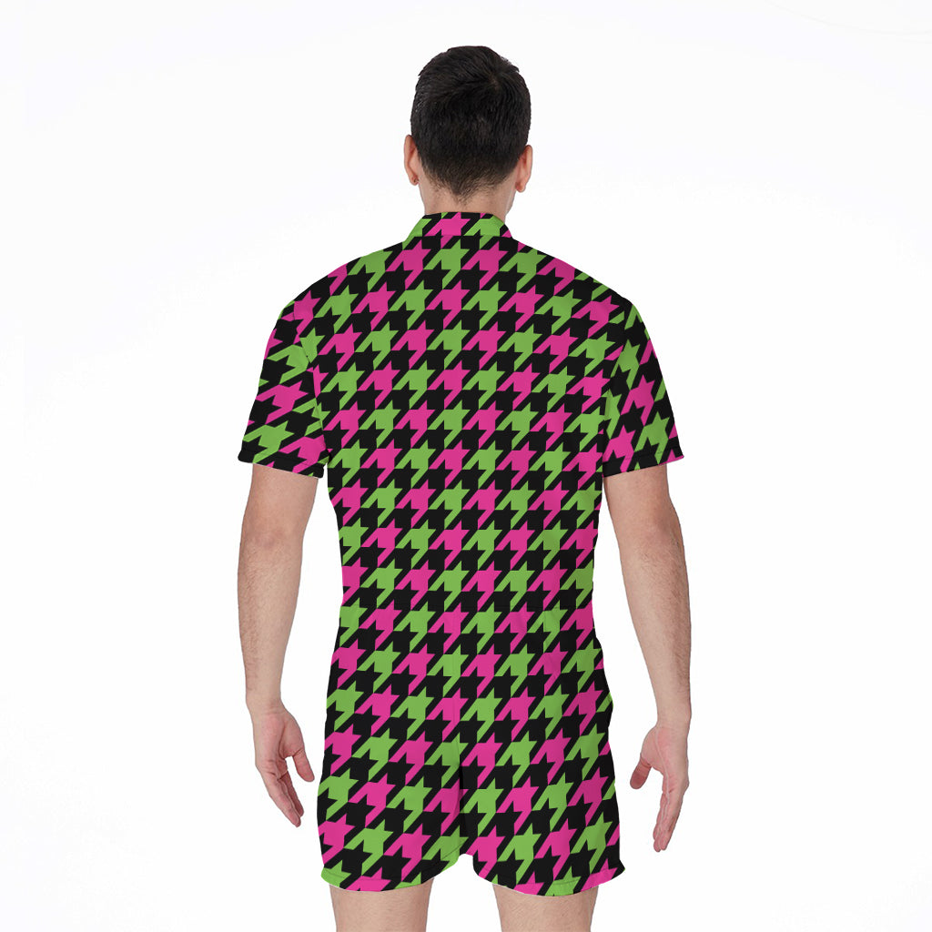 Pink And Green Houndstooth Pattern Print Men's Rompers