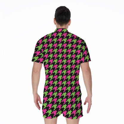 Pink And Green Houndstooth Pattern Print Men's Rompers