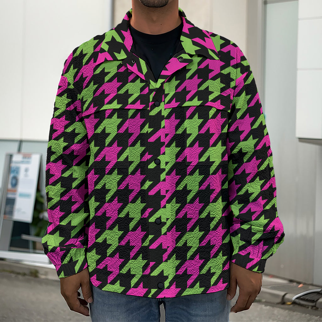 Pink And Green Houndstooth Pattern Print Men's Shirt Jacket
