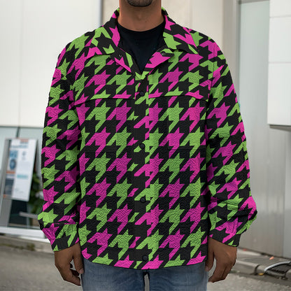 Pink And Green Houndstooth Pattern Print Men's Shirt Jacket