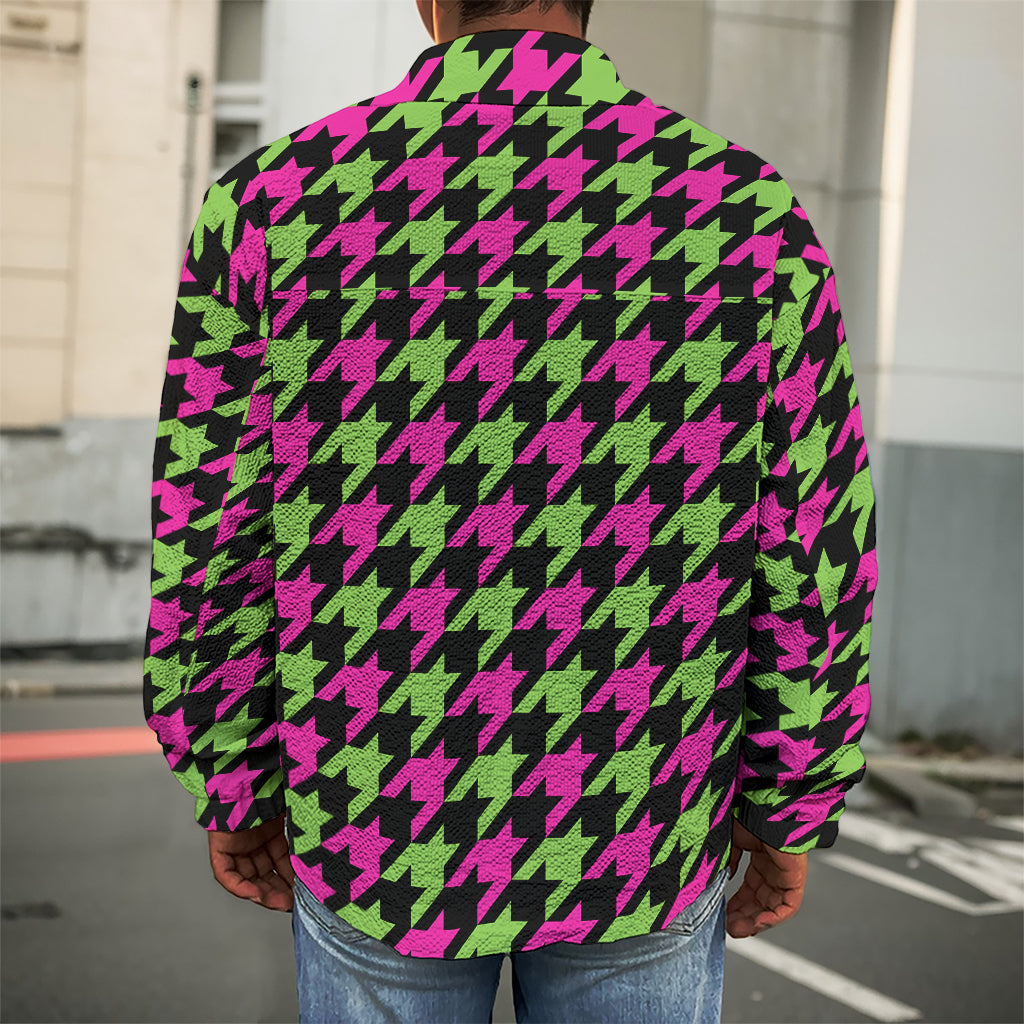 Pink And Green Houndstooth Pattern Print Men's Shirt Jacket
