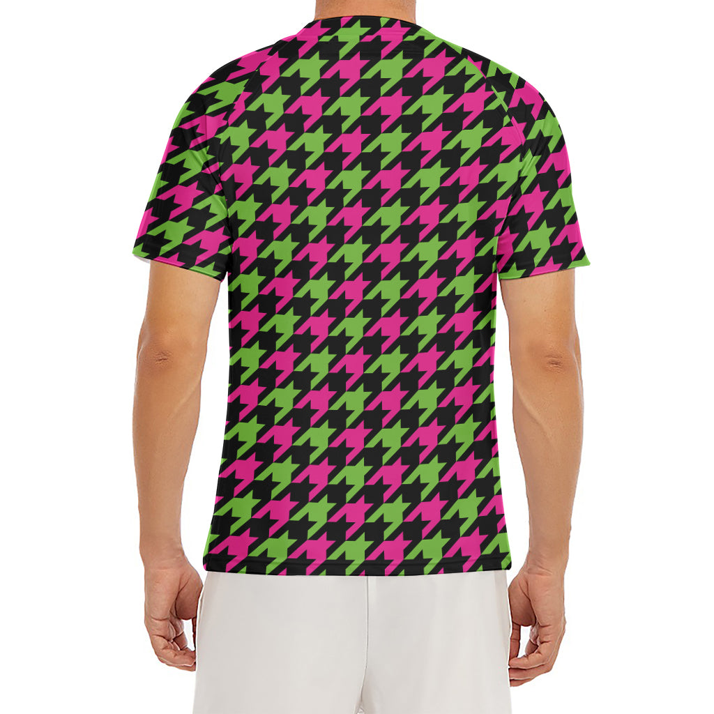 Pink And Green Houndstooth Pattern Print Men's Short Sleeve Rash Guard