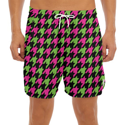 Pink And Green Houndstooth Pattern Print Men's Split Running Shorts