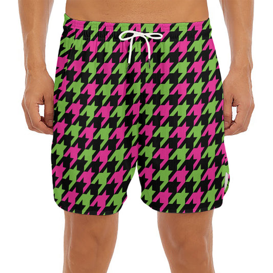 Pink And Green Houndstooth Pattern Print Men's Split Running Shorts