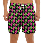 Pink And Green Houndstooth Pattern Print Men's Split Running Shorts