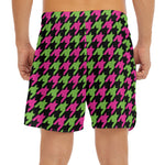 Pink And Green Houndstooth Pattern Print Men's Split Running Shorts
