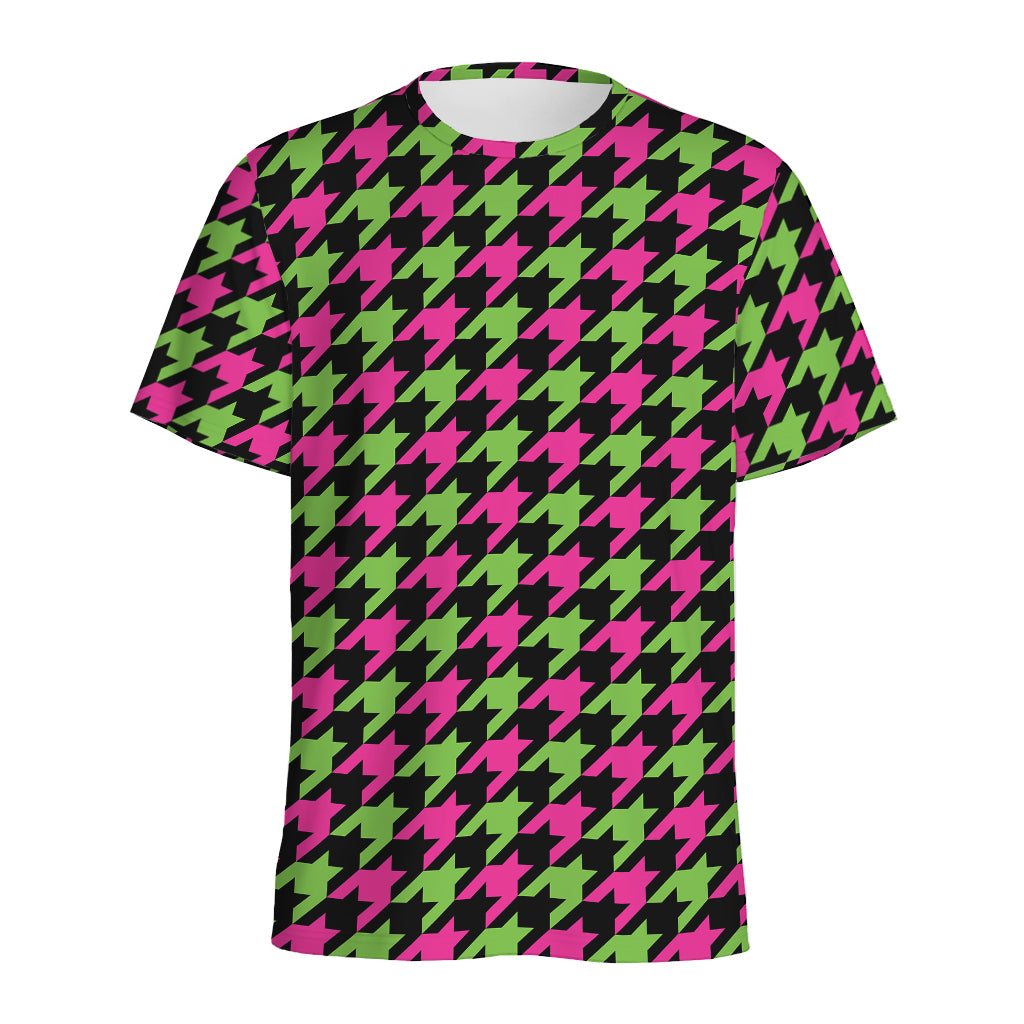 Pink And Green Houndstooth Pattern Print Men's Sports T-Shirt