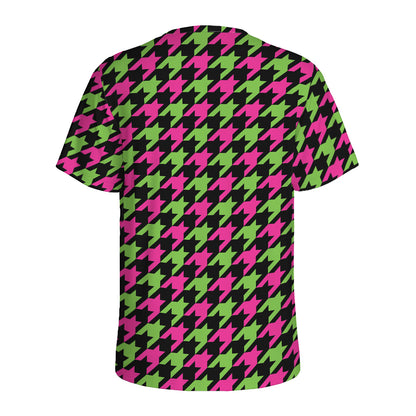 Pink And Green Houndstooth Pattern Print Men's Sports T-Shirt