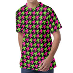 Pink And Green Houndstooth Pattern Print Men's Velvet T-Shirt