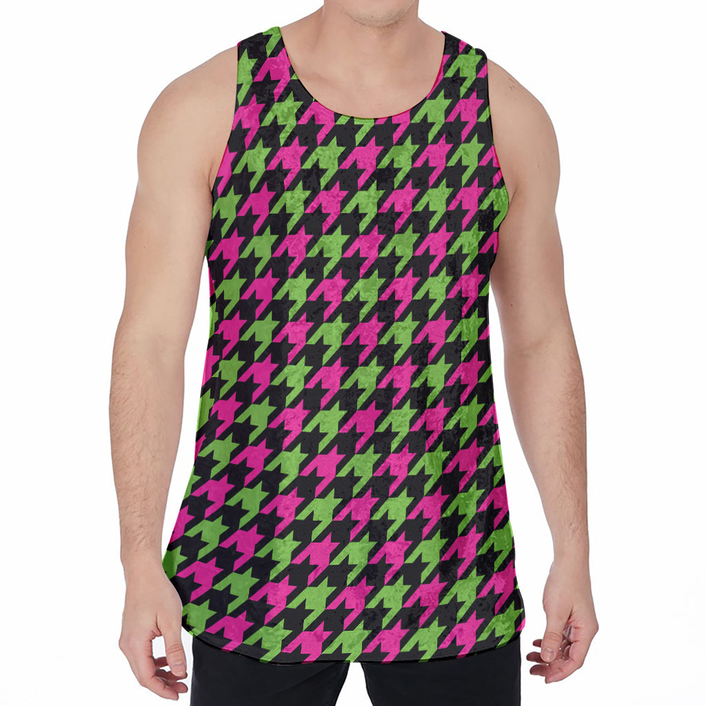 Pink And Green Houndstooth Pattern Print Men's Velvet Tank Top