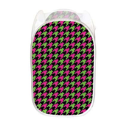 Pink And Green Houndstooth Pattern Print Mesh Laundry Hamper
