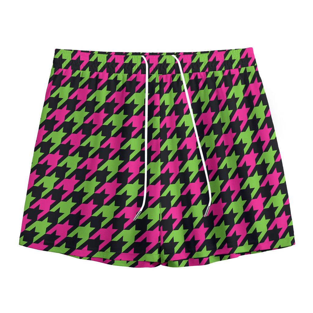Pink And Green Houndstooth Pattern Print Mesh Shorts