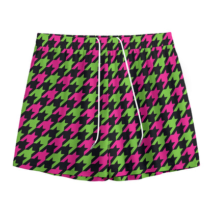 Pink And Green Houndstooth Pattern Print Mesh Shorts